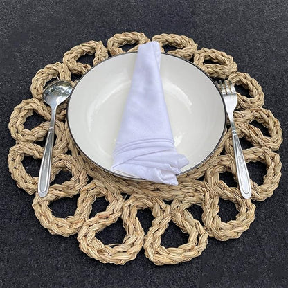 13.8" Set of 4 Round Seagrass Placemats | Boho Woven Rattan Table Mats | Farmhouse Wicker Spring Plate Chargers Like Water Hyacinth, Corn Husk for Wedding, Party, Christmas, Events