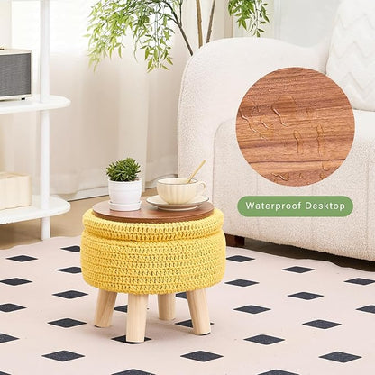 Wimarsbon Pouf Ottoman, 100% Cotton Knitted Boho Footstool, Round Footrest with Non-Skid Wood Legs, Home Décor Handmade Pouffe, Leisure Floor Step Stool for Living Room (Storage Yellow)