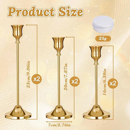 Candlestick Holders, 6 PCS Brass Gold Metal Taper Candle Holder with Adhesive Wax fits 3/4 Inch Long Candles, Vintage Modern Candle Holders for Table Mantel Wedding Housewarming Gift