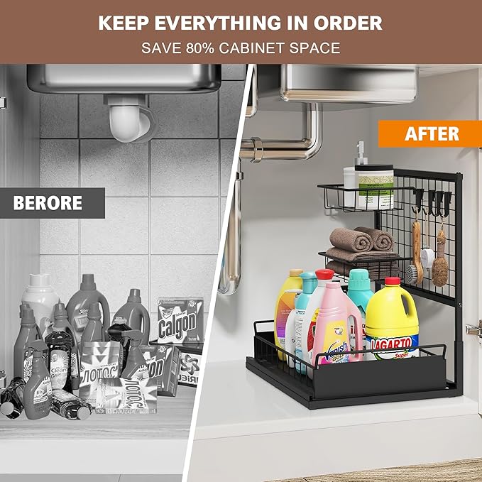 Under Sink Organizer Shelves, Pull Out Cabinet Organizers, Metal Hook Shelf Sliding Drawers for Kitchen Bathroom Closet Organization and Storage