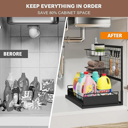 Under Sink Organizer Shelves, Pull Out Cabinet Organizers, Metal Hook Shelf Sliding Drawers for Kitchen Bathroom Closet Organization and Storage