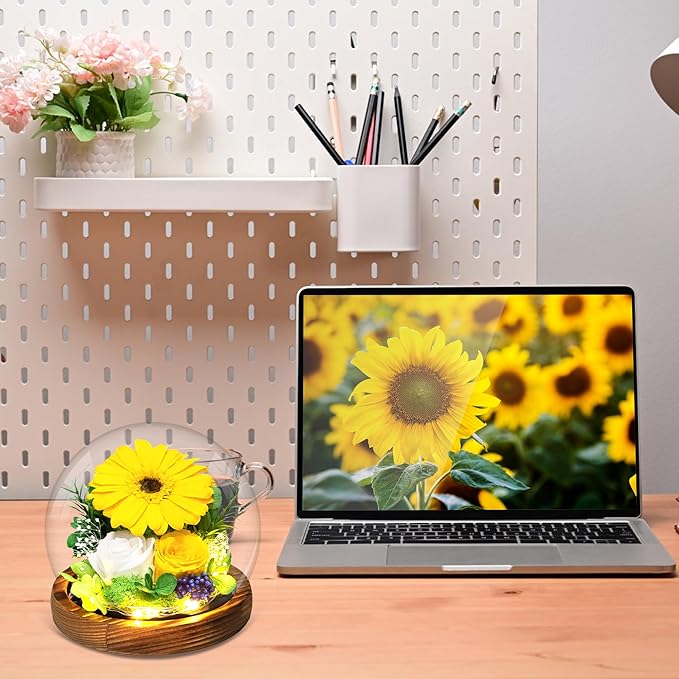 Sunflower Gifts for Women Mom Valentines Day Gifts for Her Preserved Real Flowers in Glass Dome with LED Strip, Forever Flowers Gifts for Wife Girlfriend Mom on Mother Day Birthday Christmas