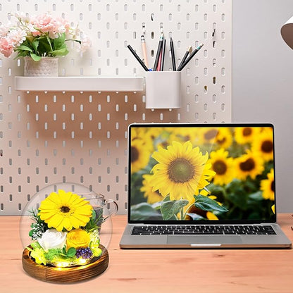 Sunflower Gifts for Women Mom Valentines Day Gifts for Her Preserved Real Flowers in Glass Dome with LED Strip, Forever Flowers Gifts for Wife Girlfriend Mom on Mother Day Birthday Christmas