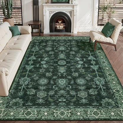 Tangsoo 5x7 Green Area Rug for Bedroom Living Room, Washable Vintage Floral Rug Non Slip,Low Pile Stain Resistance Distressed Retro Indoor Boho Carpet for Laundry Farmhouse Dinning Room Mat Home Decor