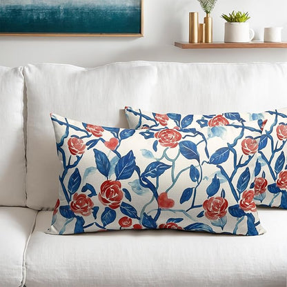 Valentines Day Pillow Covers 12x20 Set of 2 Blue Red Floral Throw Pillow Covers Flower Pillowcase Linen Decoration Farmhouse Holiday Cozy Soft Cushion Case Couch for Indoor Outdoor Home Decor