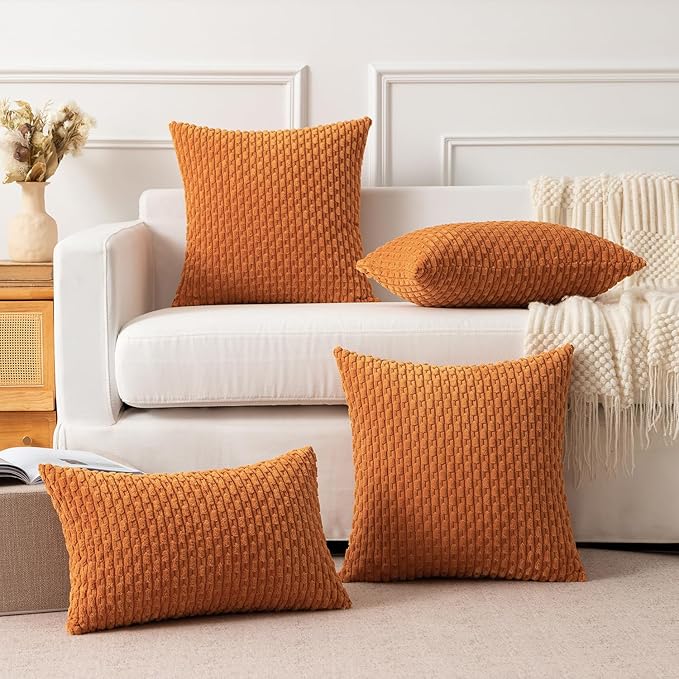 Kevin Textile Fall Throw Pillow Covers Soft Corduroy Decorative Set of 2 Boho Striped Pillow Covers Pillowcases Farmhouse Home Decor for Couch Bed Sofa Living Room 16x16 Inch Orange Yellow