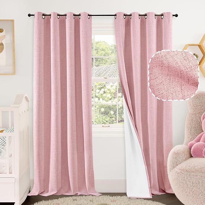 Lajode Baby Pink Linen Blackout Curtains for Girls Bedroom 84 Inch Length 2 Panels, Thermal Insulated Full Room Darkening Noise Reducing Privacy Grommet Window Curtains for Nursery, Each 52 Inch Wide