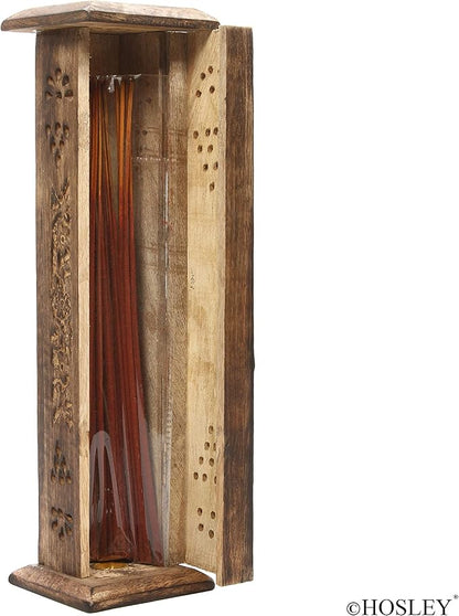 Hosley Hand-Carved Wooden Incense Stick Holder Tower – Tall Decorative Burner Box with Hinged Door for Aromatherapy, Meditation, Yoga, Home & Office Décor (Includes 20 Incense Sticks)