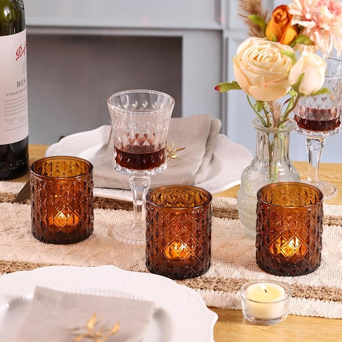 8Pcs Large Votive Candle Holders Amber Tea Light Candle Holders Glass Candle Holder for Wedding, Bridal Shower,Table Centerpiece,Party, Home Decor, Fall Decor
