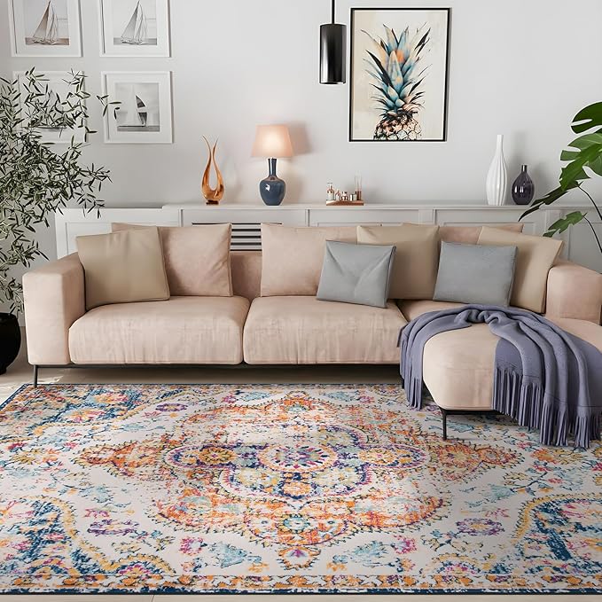 Rugshop Vintage Distressed Bohemian Area Rug for Living Room,Bedroom,Dining Room – Vibrant Multi-Color Tribal Design, 6'6" x 9'