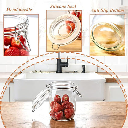 Airtight Glass Jar With Lids 32 OZ Wide Mouth Clear Storage Canisters 2 Pack Leakproof Food Storage Containers Glass Sealed Food Storage Jars With Metal Safety Buckle For Kitchen Pantry Organization