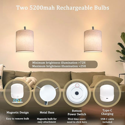 Wireless Wall Sconces Set of 2, Rechargeable Battery Operated Wall Lights with Remote, Dimmable Magnetic LED Bulbs,12 RGB Colors and Timer, Cordless Sconces for Bedroom Living Room (Silver)