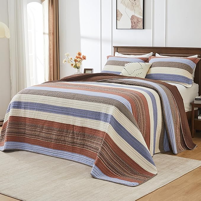 SahSahCasa 100% Cotton 120"x102" Oversized Bedspread Coverlet Quilt Set, Oversized Quilted Striped Bedspread Reversible Extra Large Quilt, XL Bed Spread Lightweight Comforter, 3pc, Brown/Multicolor