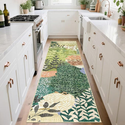 DEXDE Runner Rug 2x8 Washable Hallway Boho Soft Area Rugs Abstract Long Non Slip Leaves Floral Vintage Floor Carpet for Entryway, Kitchen, Laundry, Bathroom, Bedroom,Green
