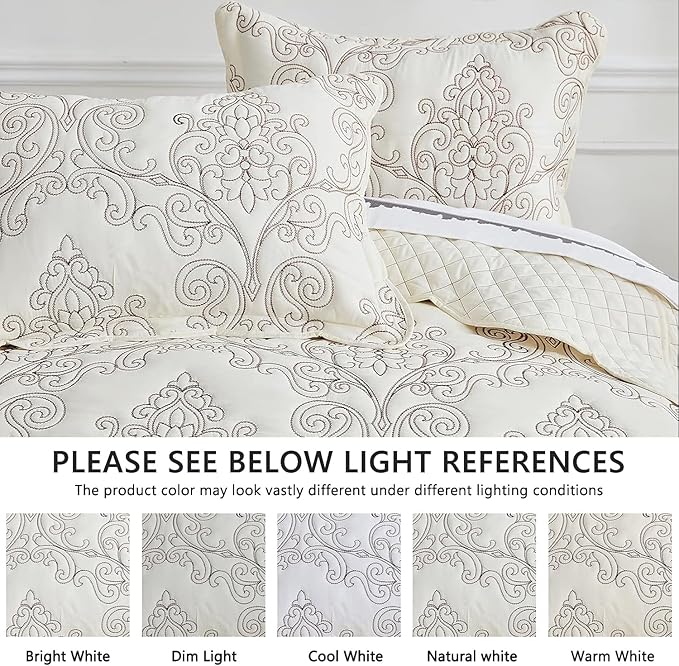 CHIXIN Oversized Bedspread Coverlet Set King Size - Lightweight Bedding Cover - Beautiful Stitching - 5 Piece Reversible Bedspread - Luxury Damask Paisley Pattern (King, Ivory)