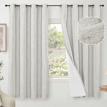 60 Inch Wide Linen Blackout Curtains for Bedroom 63 Inch Length 2 Panels, Total Black Out Thermal Insulated Energy Efficiency Grommet Boho Window Drapes White Liner for Modern Farmhouse, Light Grey