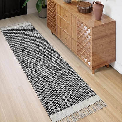 Lahome Boho Kitchen Runner, 2'6''x8 Runners for Hallways Lightweight Bath Mat Woven Washable Runner Rug with Tassels, Farmhouse Non Shedding Black Rug for Bedroom Living Room