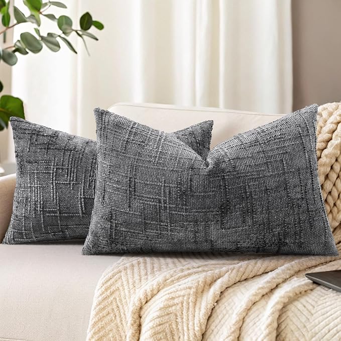 decorUhome Spring Dark Grey Chenille Throw Pillow Covers 12x20 Set of 2 Textured Slubby Couch Pillow Covers Farmhouse Accent Modern Neutral Decorative Pillow Cases for Bed Sofa Living Room