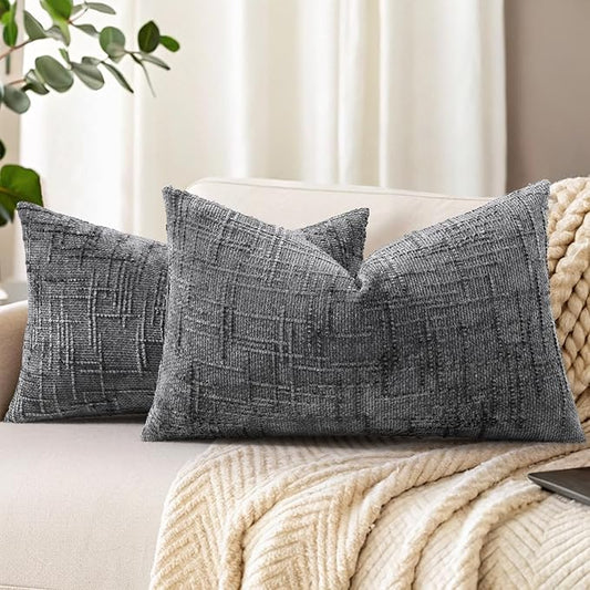 decorUhome Spring Dark Grey Chenille Throw Pillow Covers 12x20 Set of 2 Textured Slubby Couch Pillow Covers Farmhouse Accent Modern Neutral Decorative Pillow Cases for Bed Sofa Living Room