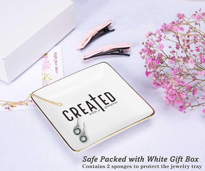 NZY Affirmations Birthday Christmas Gifts for Woman,Christian Scripture Religious Bible Verse Reminder Gifts,Inspirational Present,Ceramic Jewelry Tray Trinket Holder Ring Dish-Created With A Purpose