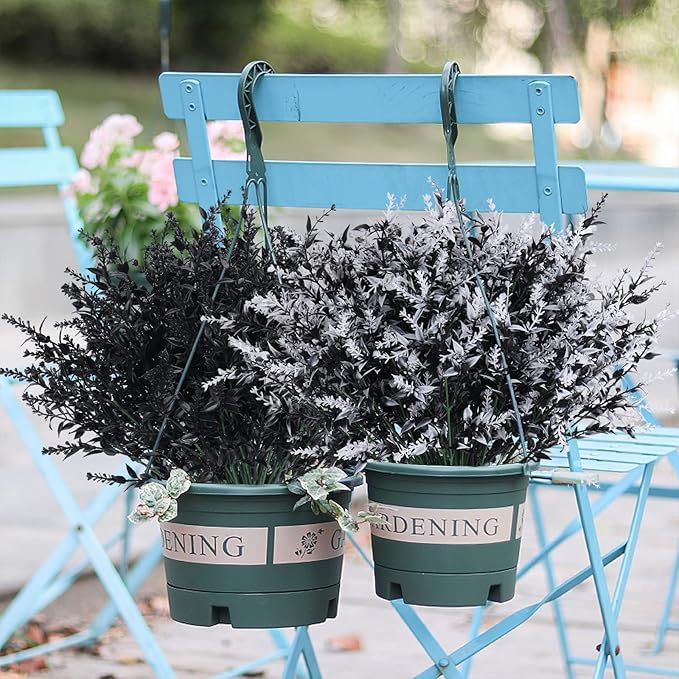 RECUTMS Black Decor 20 Bundles Artificial Flowers Fake Outdoor Plants Faux UV Resistant Lavender Flower Plastic Shrubs Indoor Outside Hanging Decorations (Black, 20 Bundles)