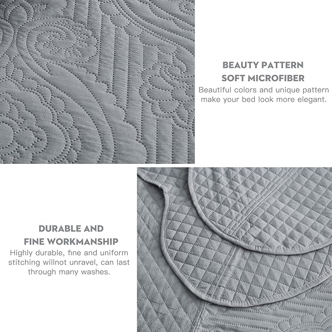 HZ & HY Oversized King Bedspread 138x122 Extra Wide, Ultrasonic Coverlet Bedding Set, Lightweight Thin Comforter, Reversible, 5 Piece, 100% Microfiber, California/Alaskan King, Grey