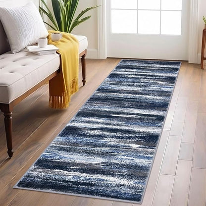 Modern Abstract Runner Rug 2x6, Navy Blue Washable Kitchen Runner Non-Slip Soft Hallway Rug Runner Thin Print Faux Wool Carpet for Entryway Bedroom Laundry Room Indoor Home Decor