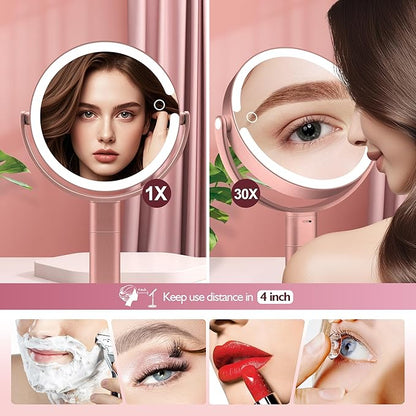 Makeup Mirror with Lights, 30X Magnifying & Height Adjustable, Lighted Magnifying Mirror with 3 Light Modes & Stepless Dimming, Vanity Mirrors for Bathroom, Birthday Gift for Women, Rosegold