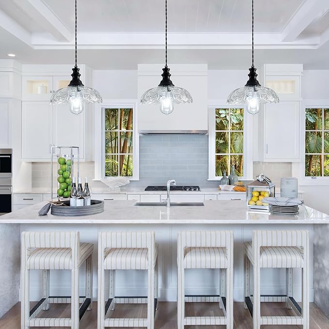 1-Light Pendant Light with Black Metal Glass Shade and Adjustable Cord Industrial Ceiling Hanging Light for Kitchen Island Bar Dining Room Bedroom Foyer Hallway Farmhouse