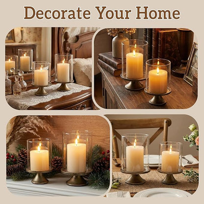 Set of 2 Hurricane Candle Holder Set with Glass Dome & Iron Base – Elegant Decorative Pillar Candle Holders for Living Room, Dining Room & Bedroom Centerpiece - Ideal Home Décor