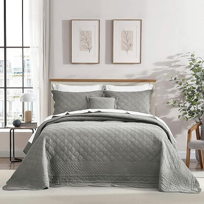 CHIXIN Oversized Cotton Bedspread Queen Size - Real Stitching - Luxury Quilted Bedding Cover for All Season, Reversible, Ultra Soft, Lightweight, 3 Piece, Grey