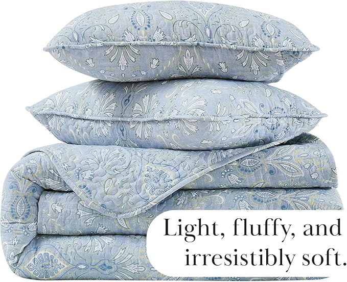 Southshore Fine Living, Inc. Farmhouse Quilts Queen Size, Quilt Bedding Set, Lightweight Coverlet Bedspread Full Size, 3-Piece Boho Quilt Set with Two Matching Pillow Shams, Full/Queen, Blue Paisley