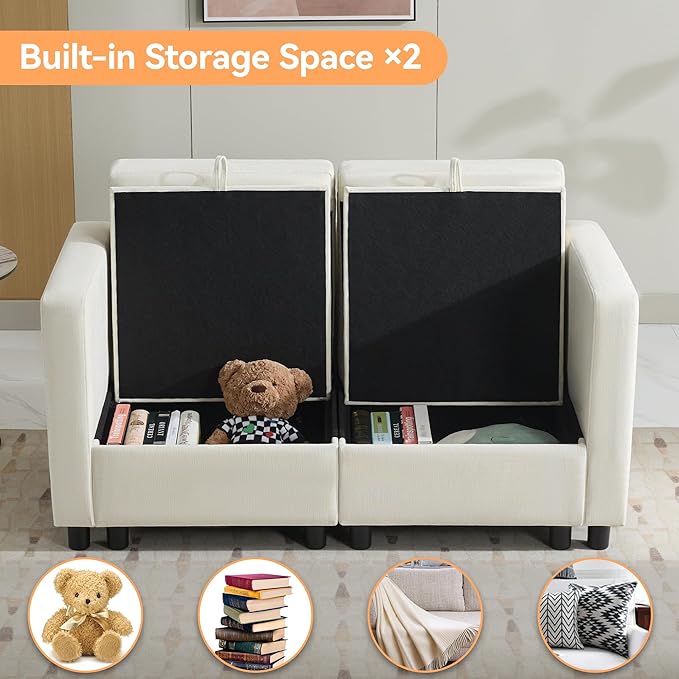58”Modular Sectional Loveseat Sofa, Modern Love Seat 2 Seater Sofa Couch with Storage, Chenille Modular Sectional Couch for Living Room, Bedroom, Office, Small Apartment, Beige