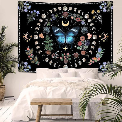 Fowocu Blue Butterfly Moon Flower Tapestry Boho Floral Plant Tapestries for Bedroom Aesthetic Nature Tapastry's Wall Hanging Mandala Botanical Wall Tapestry for Living Room Dorm (Blue, 48'' × 36'')
