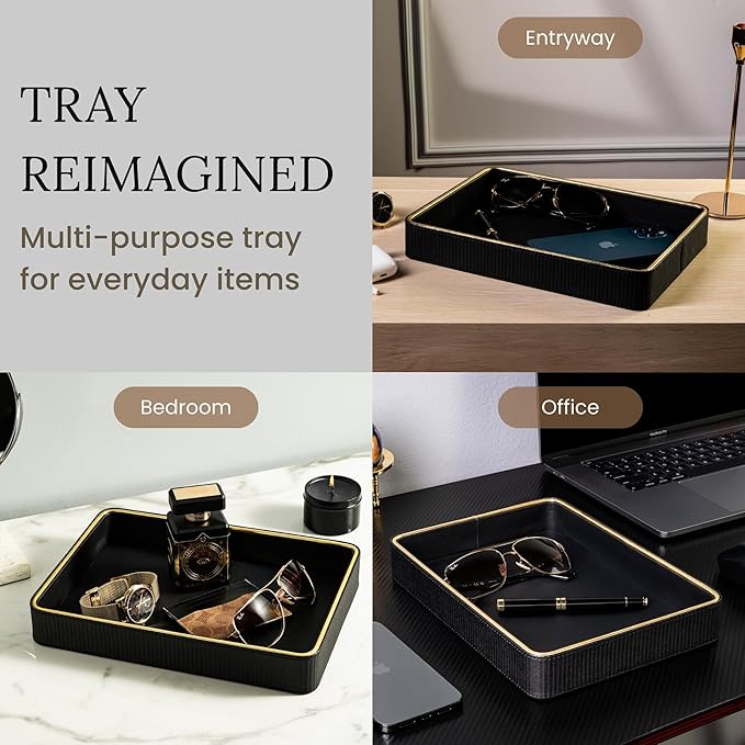Black Leather Catchall Valet Tray for Men| Mens Valet Catch All Trays| Bedside Organizer for Nightstand| Cologne Tray for Men| Desk Trays