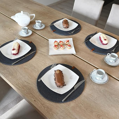 Round Placemats, Set of 4, Handmade by Braided Cotton Cord for Kitchen and Dining Table, Dia. 12.6 Inch, Doublesided, Heat Resistant, Dark Gray