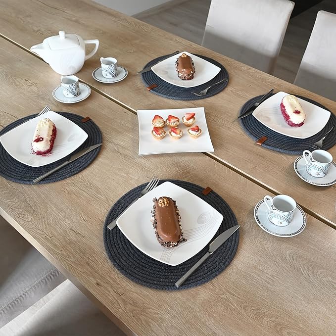 Round Placemats, Set of 6, Handmade by Braided Cotton Cord for Kitchen and Dining Table, Dia. 12.6 Inch, Doublesided, Heat Resistant, Dark Gray