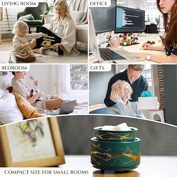 PALANCHY Wax Melt Warmer Ceramic 2-in-1 Oil Burner Electric Candle Wax Warmer Burner Melter Fragrance Warmer for Scented Waxs Home Office Bedroom Aromatherapy Gift& Decor (Green Gold)