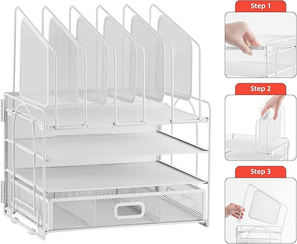 Marbrasse Desk Organizers, 4-Tier Mesh Desk File Organizer with 5 Vertical File Holders and 2 Pen Holders, Multifunction Desktop Organizer,Desk Organizers and Accessories for Home Office (White)