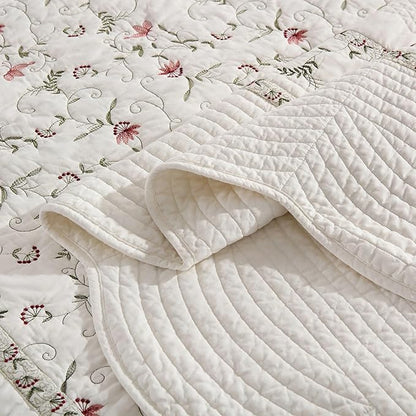 MarCielo 3-Piece 100% Cotton Oversized Bedspread Lightweight Quilt Coverlet Embroidery Farmhouse Bedding Set(TC Soft White,Oversized King (118"x106"))