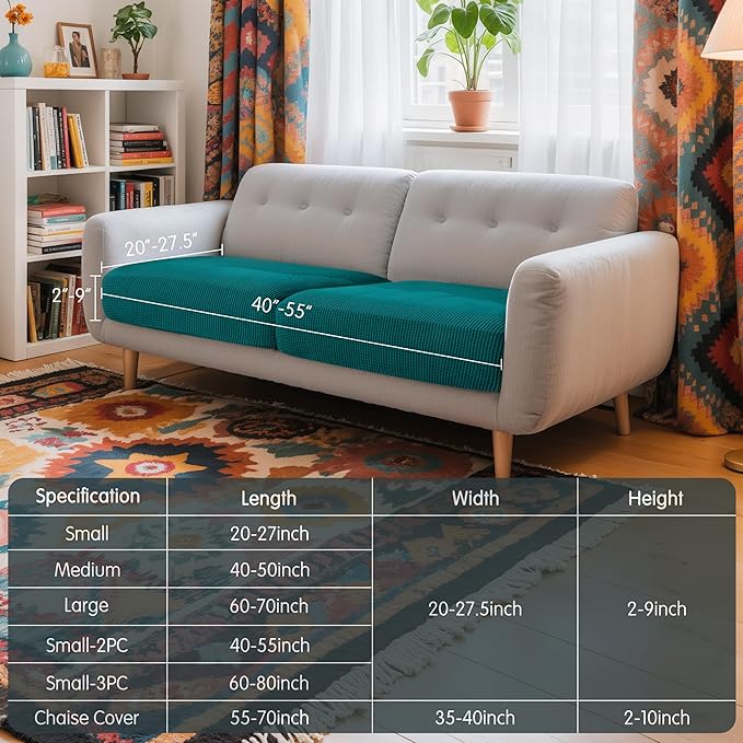 Hokway Stretch Couch Cushion Covers, 2 Piece Individual Sofa Cushion Slipcovers，Jacquard Sofa Seat Slipcover Set, Non-Slip Protector for Cushion (Teal,Small-2PC)