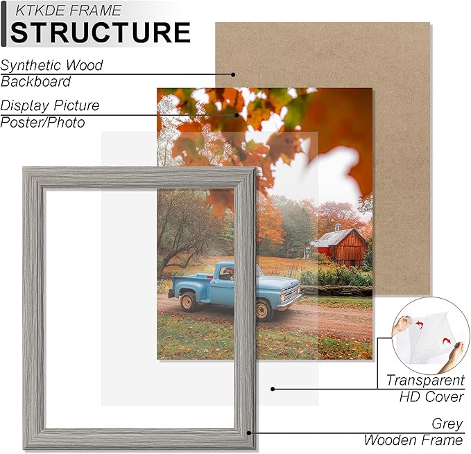 KTKDE 5x7 Picture Frame Set of 5,Grey Wooden frames, Vertical & Horizontal Wall Hanging for Wall or Tapletop Display,Studio Gallery Photo Frame for Photos, Posters & Art Prints