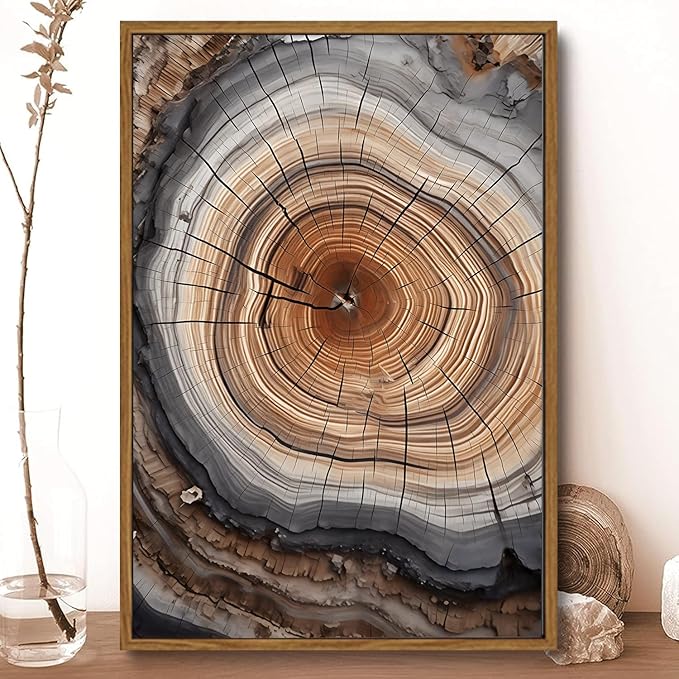 IBHJSART Framed Tree Ring Canvas Wall Art Vintage Colorful Wood Stump Painting Prints Modern Minimalist Pictures Neutral Nature Rustic Farmhouse Decor Living Room Bedroom Bathroom Office