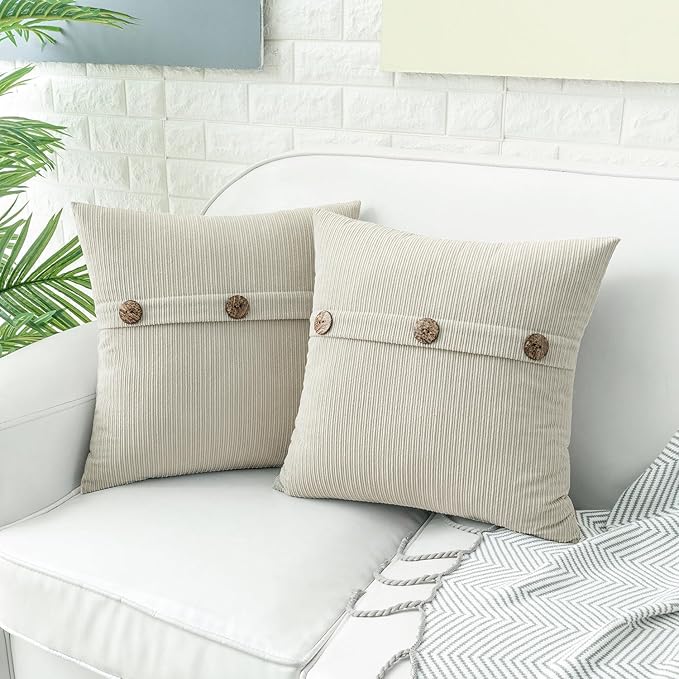 HWY 50 Cream White Chenille Throw Pillow Covers 20x20 Inch with Triple Buttons, Soft Farmhouse Accent Decorative Cushion Cases for Couch Sofa Bed Living Room Pack of 2
