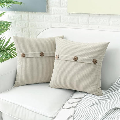 HWY 50 Cream White Chenille Throw Pillow Covers 18x18 Inch with Triple Buttons, Soft Farmhouse Accent Decorative Cushion Cases for Couch Sofa Bed Living Room Bedroom Pack of 2