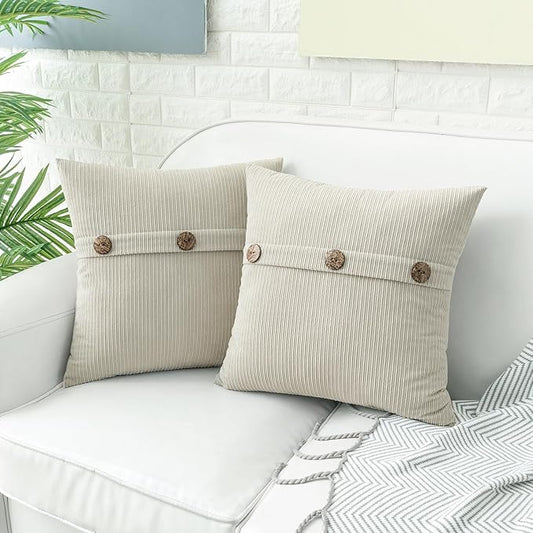 HWY 50 Cream White Chenille Throw Pillow Covers 18x18 Inch with Triple Buttons, Soft Farmhouse Accent Decorative Cushion Cases for Couch Sofa Bed Living Room Bedroom Pack of 2
