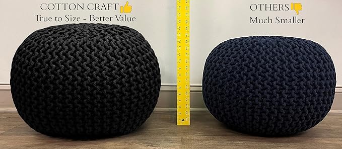 COTTON CRAFT Round Pouf - Hand Knitted Cotton Braid Cord Cable Dori Ottoman - Foot Stool - Floor Pouf Footrest Accent Seat Furniture Bean Bag - Living Room Kids Room Nursery Dorm Décor - 20x14 - Grey