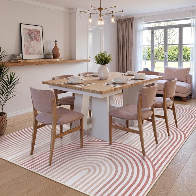 Moynesa Abstract Rainbow 6x9 Area Rugs for Living Room, Washable Soft Pink Rug for Bedroom Girl Nursery Classroom Ultra-Thin, Mid Century Modern Boho Large Floor Carpet for Playroom Home Office