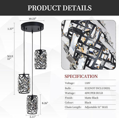 Black Crystal Pendant Lights Kitchen island, Adjustable Hanging Chandelier with Ambient Lighting, 51 Inch Chain, E12 Base, Plated Modern Farmhouse Fixture for Dining Room, Bedroom, Living Room