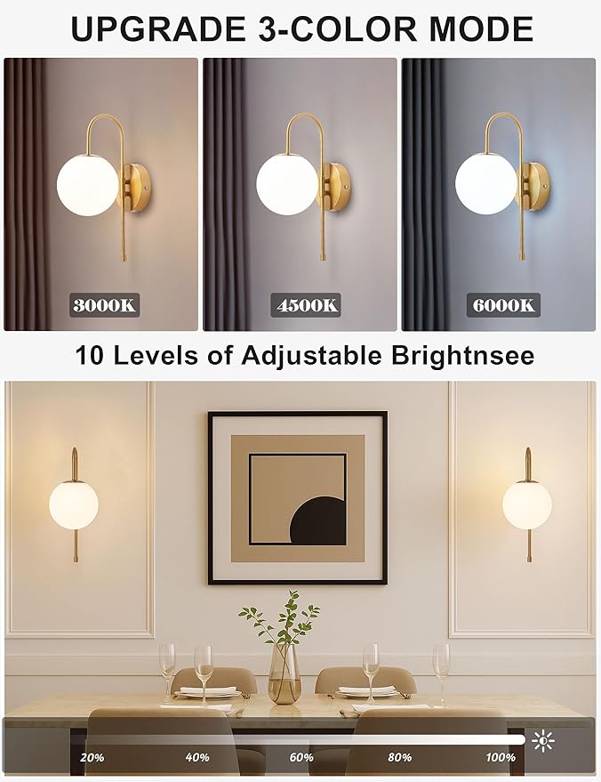Battery Operated Globe Wall Sconces Set of 2, Wireless Gold Wall Lights with Remote Control, Rechargeable 3 Color Stepless Dimming Gooseneck Wall Decor Lamp for Bedroom Living Room Hallway